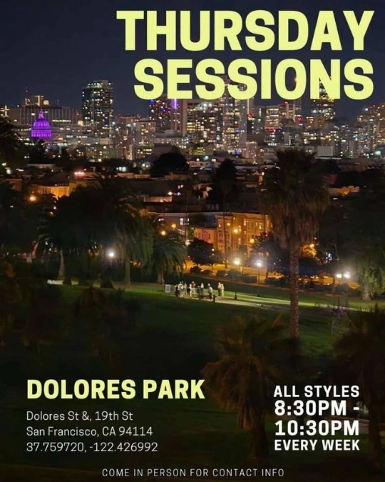 Nighttime San Francisco skyline with “Thursday Sessions” concert flyer text, Dolores Park setting, live music, and relaxed city atmosphere.
